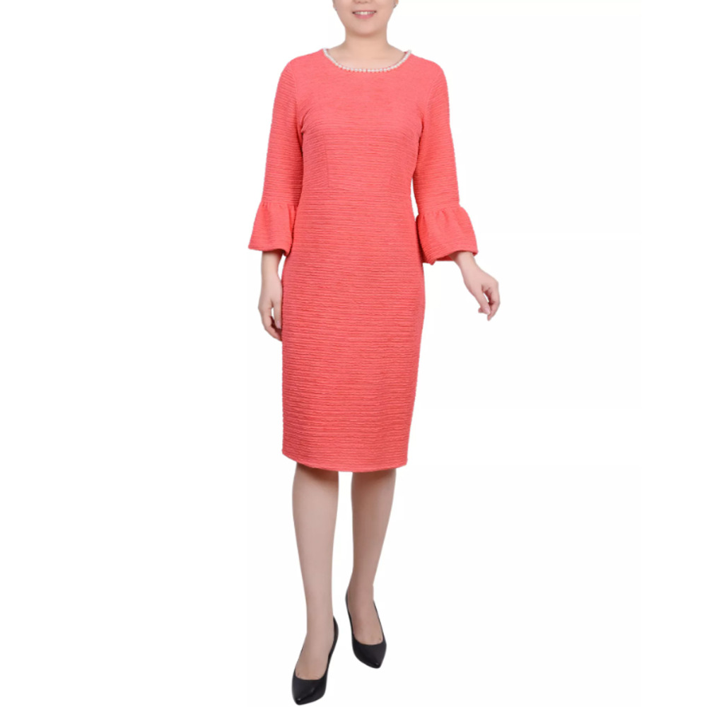 Ny Collection Petite 3/4 Length Imitation Pearl Detail Dress Coral Size PM 17238